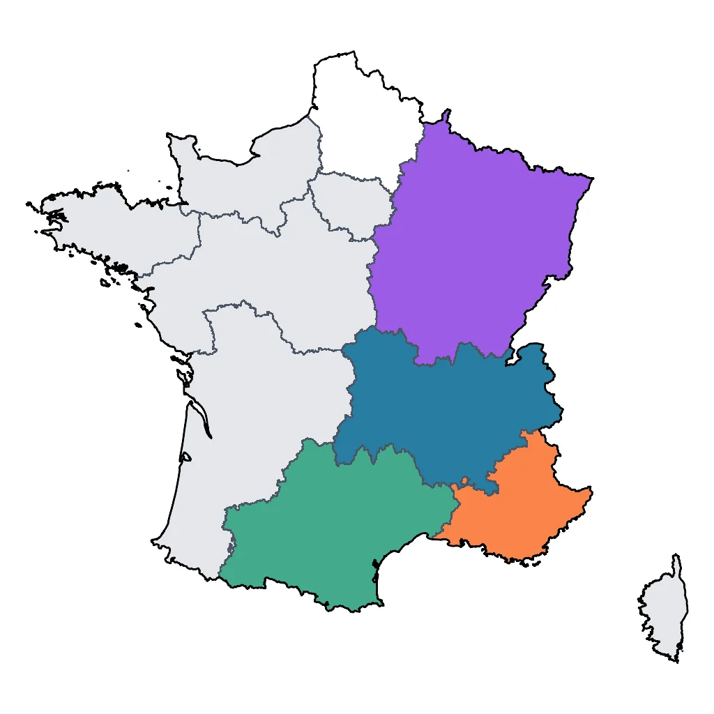 Map showing regions suitable for Ski & Snow in France. Overall suitability: excellent.