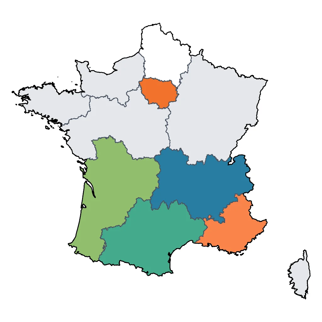 Map showing regions suitable for Theme Park & Entertainment in France. Overall suitability: very_good.