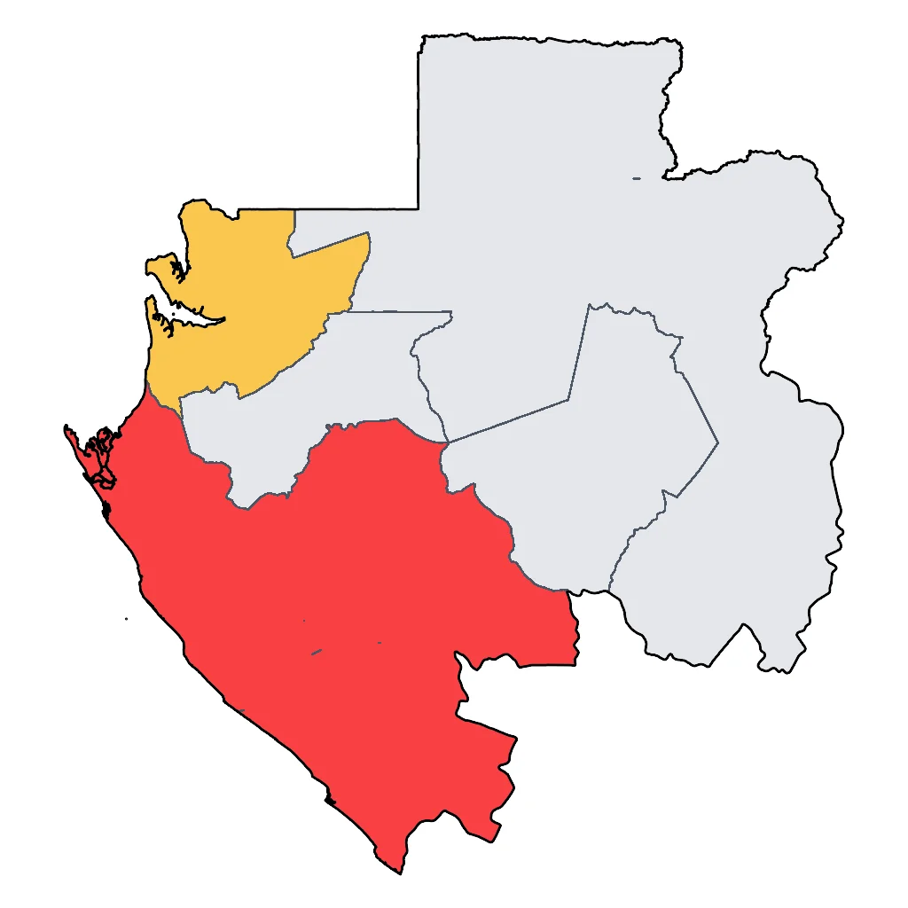 Map showing regions suitable for Beach & Sea in Gabon. Overall suitability: good.