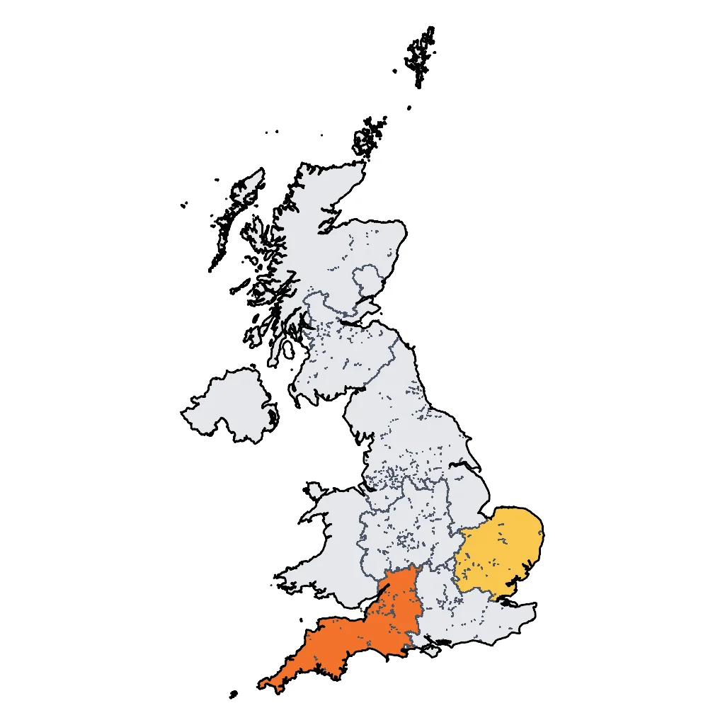 Map showing regions suitable for Beach & Sea in United Kingdom. Overall suitability: marginal.