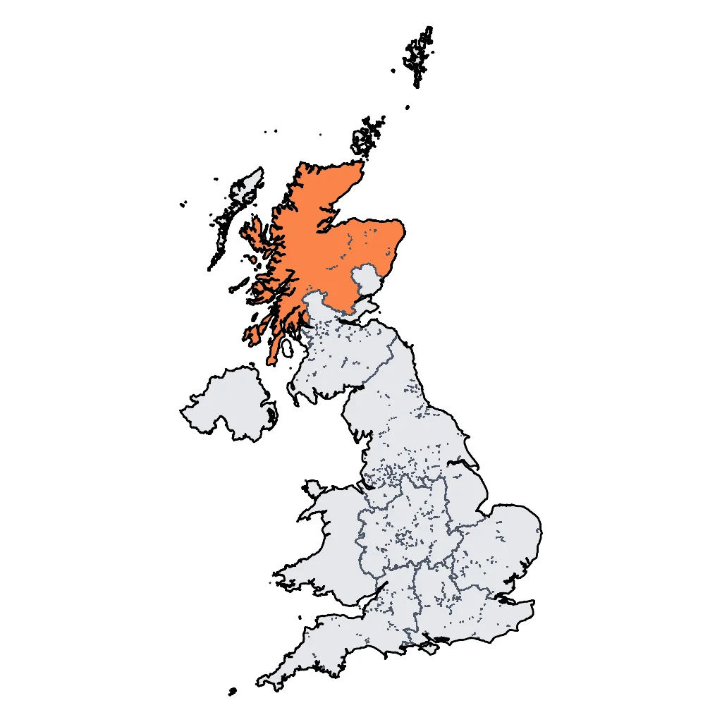 Map showing regions suitable for Ski & Snow in United Kingdom. Overall suitability: good.