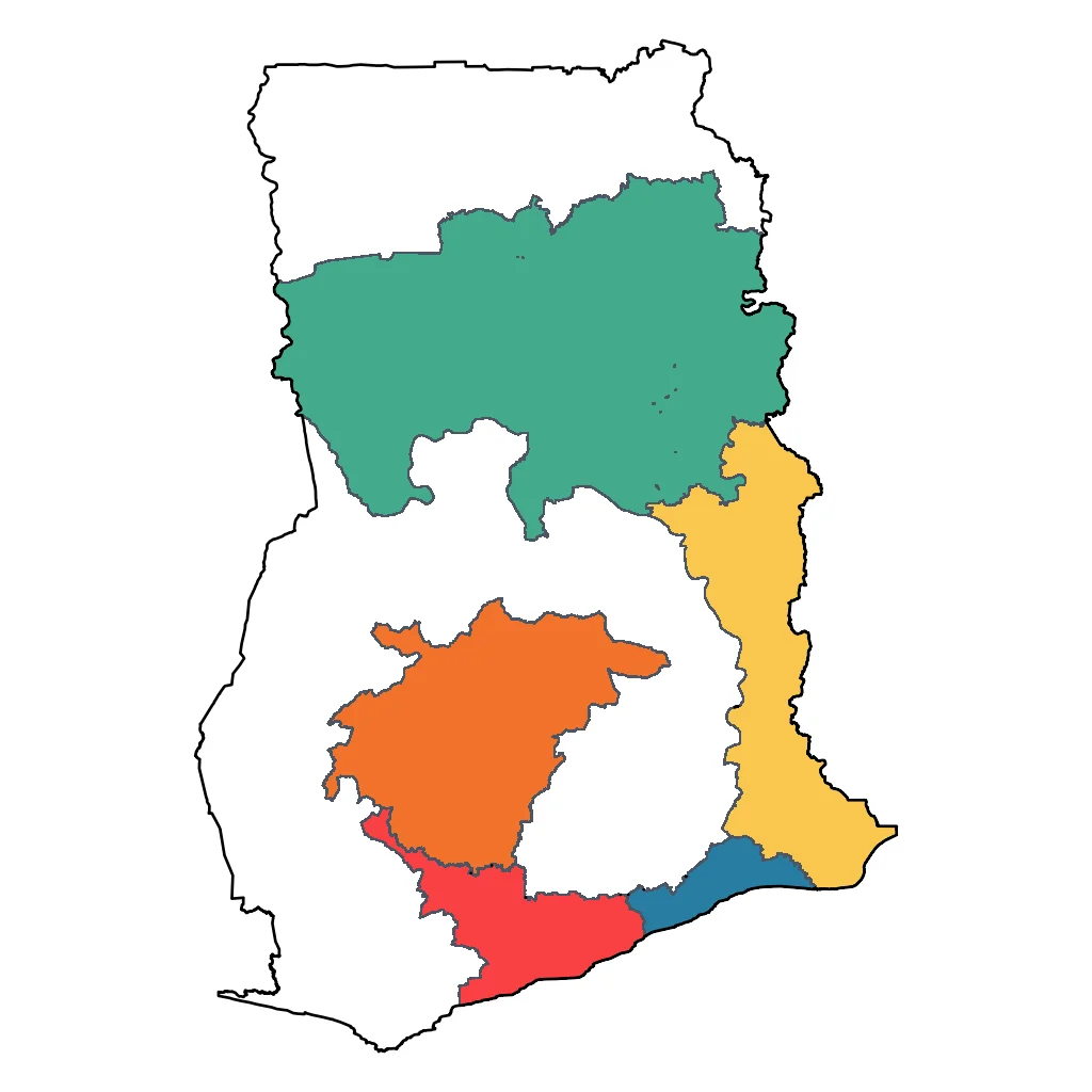 Map showing regions suitable for Adventure & Nature in Ghana. Overall suitability: very_good.