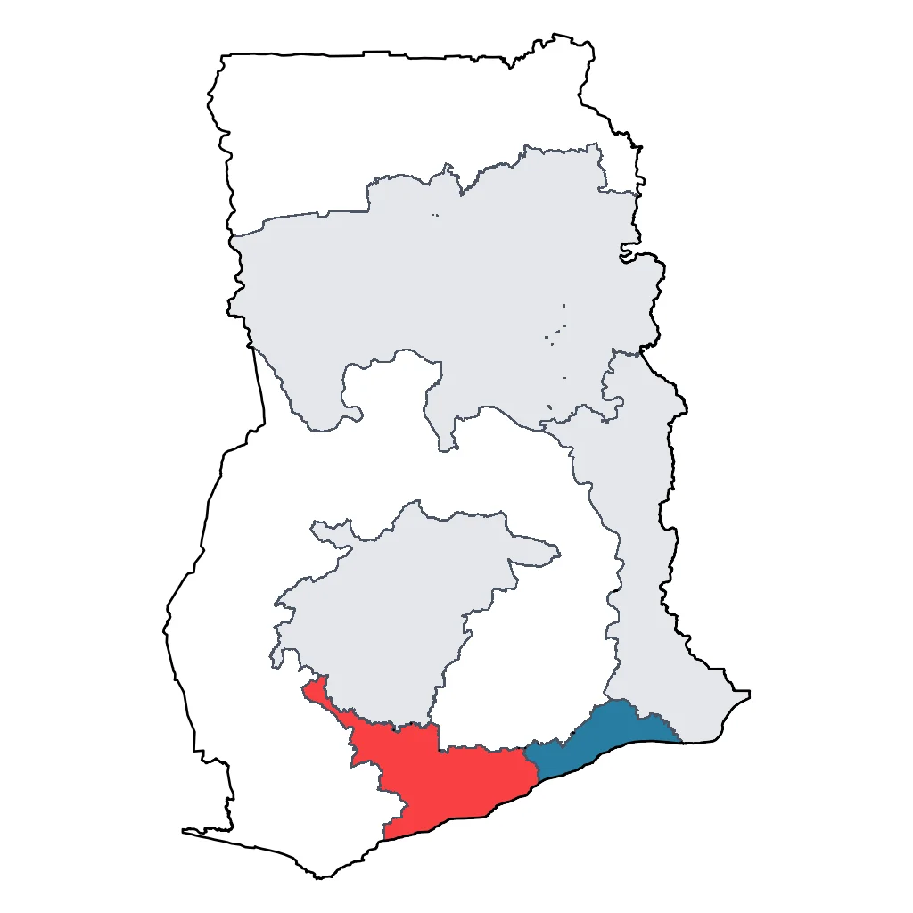 Map showing regions suitable for Beach & Sea in Ghana. Overall suitability: good.
