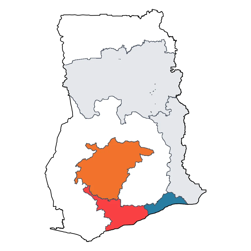 Map showing regions suitable for City & Cultural in Ghana. Overall suitability: excellent.