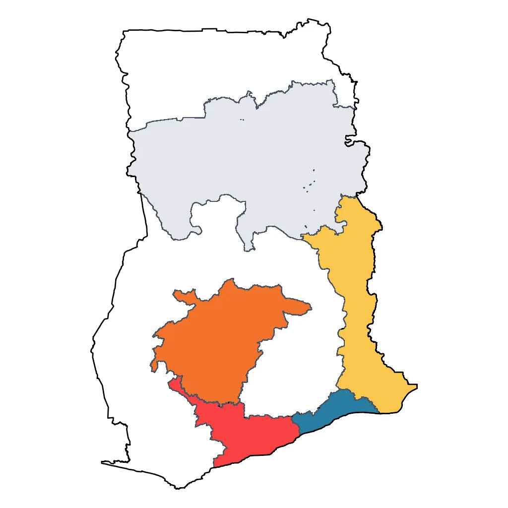 Map showing regions suitable for Festivals & Seasonal in Ghana. Overall suitability: very_good.