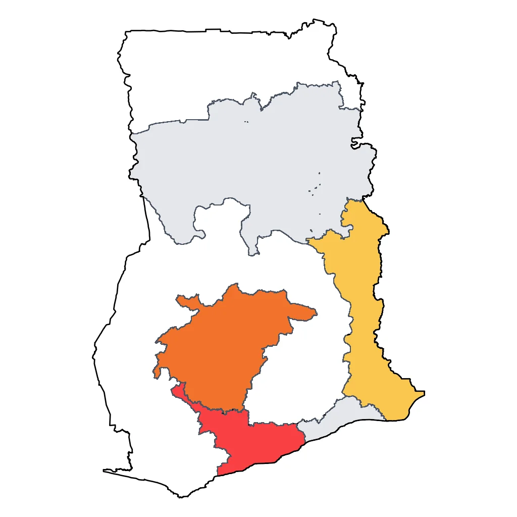Map showing regions suitable for Road Trips & Scenic in Ghana. Overall suitability: good.