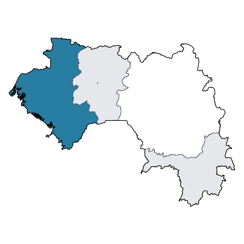Map showing regions suitable for Beach & Sea in Guinea. Overall suitability: good.