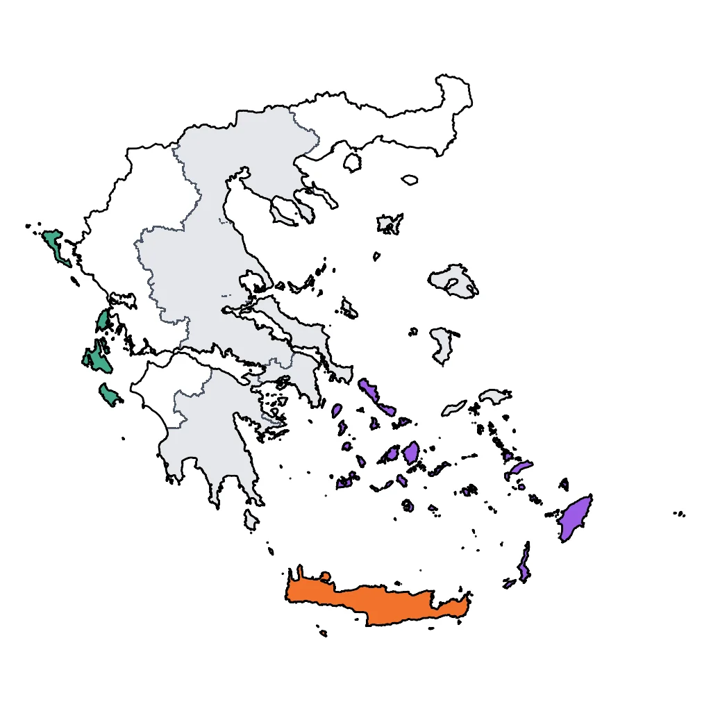 Map showing regions suitable for Beach & Sea in Greece. Overall suitability: excellent.