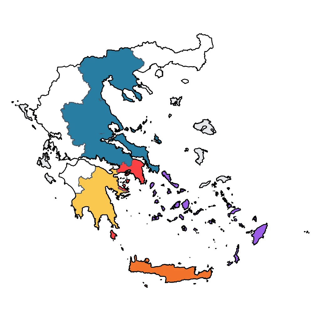 Map showing regions suitable for City & Cultural in Greece. Overall suitability: excellent.