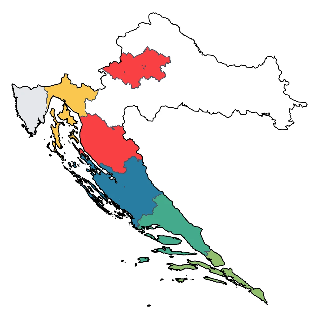 Map showing regions suitable for Adventure & Nature in Croatia. Overall suitability: excellent.