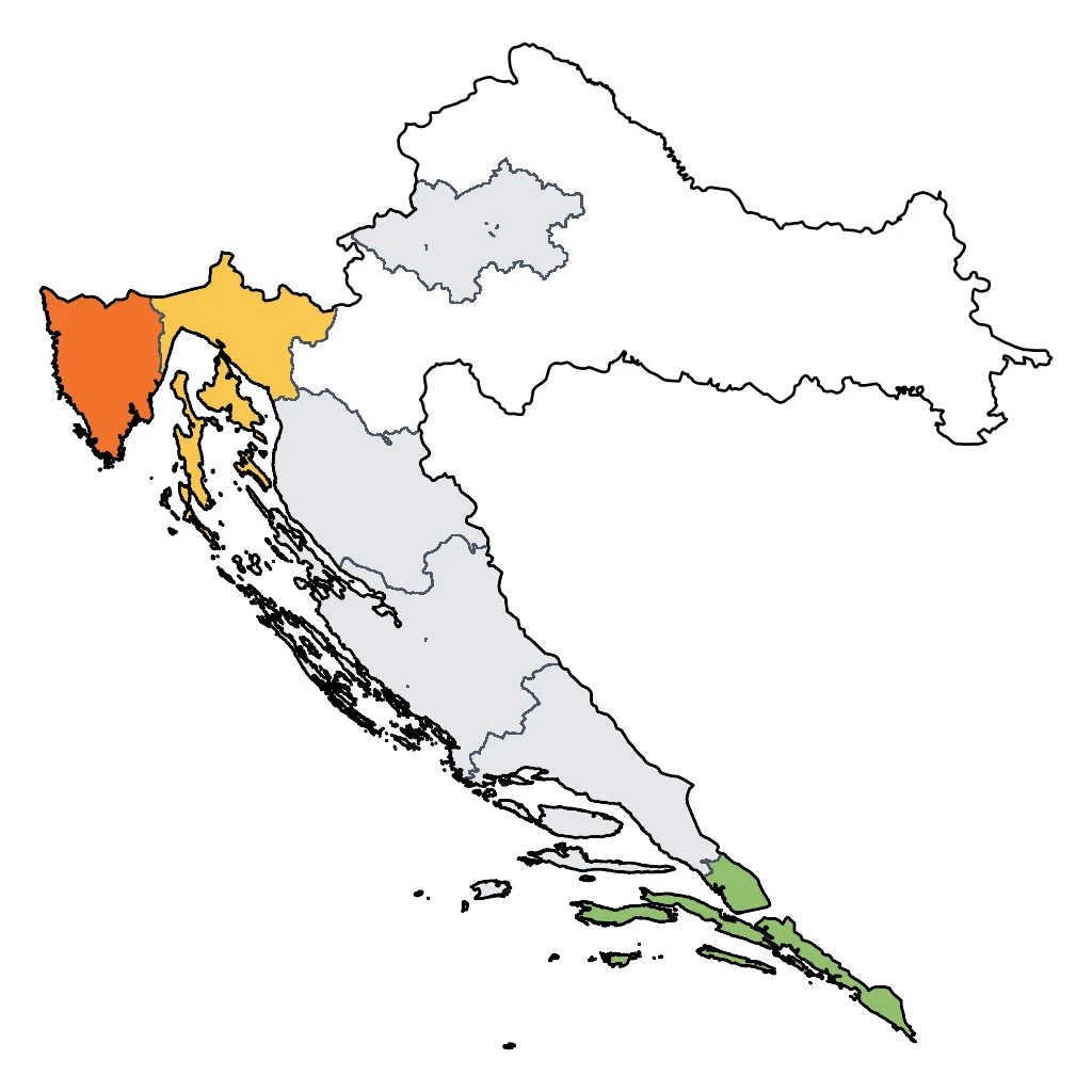 Map showing regions suitable for Relaxation & Wellness in Croatia. Overall suitability: very_good.