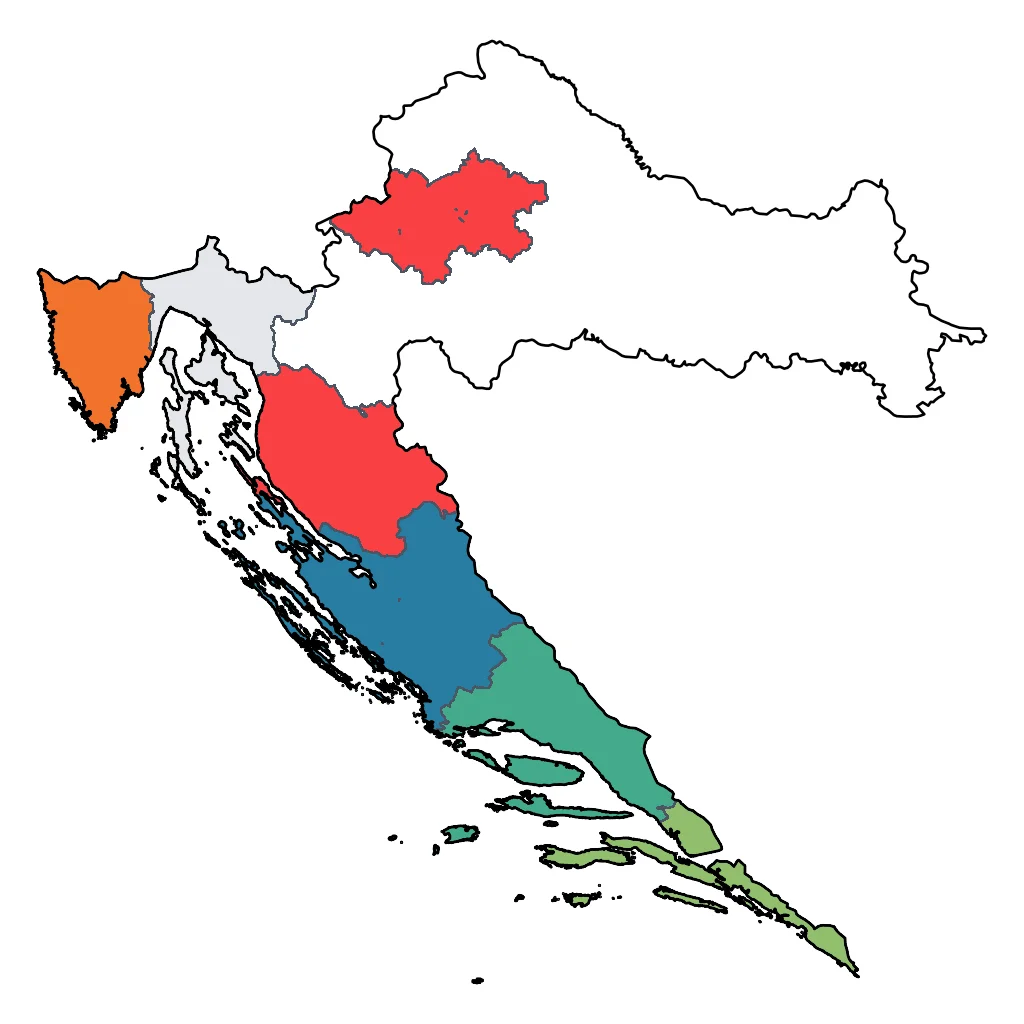 Map showing regions suitable for Road Trips & Scenic in Croatia. Overall suitability: very_good.