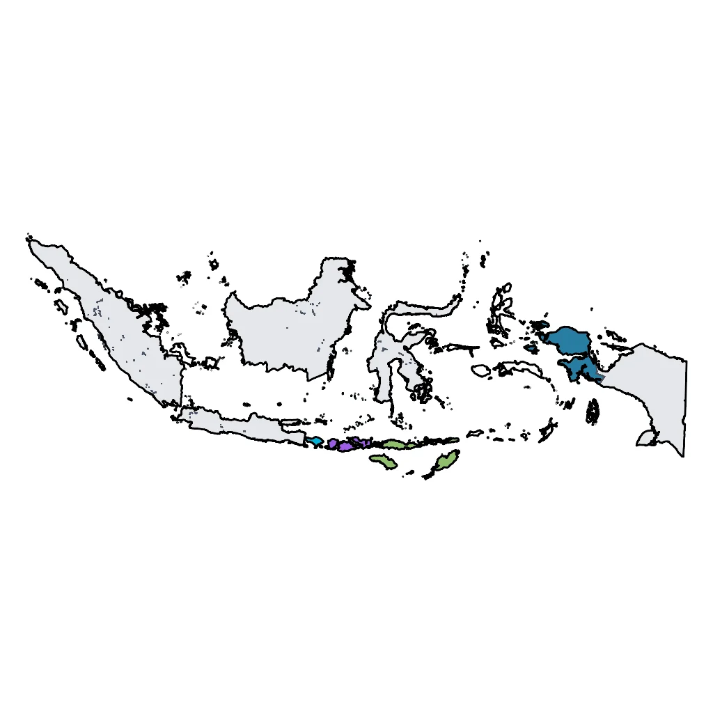 Map showing regions suitable for Beach & Sea in Indonesia. Overall suitability: excellent.