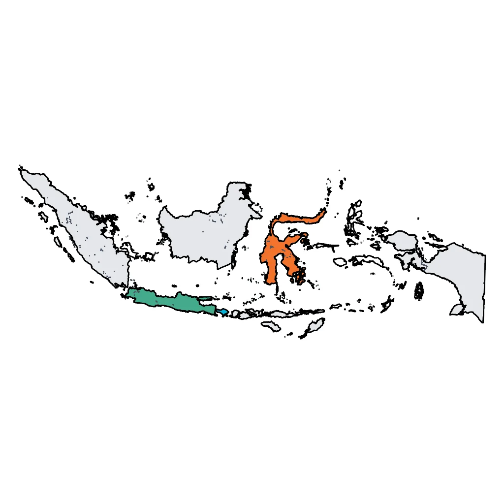 Map showing regions suitable for City & Cultural in Indonesia. Overall suitability: excellent.