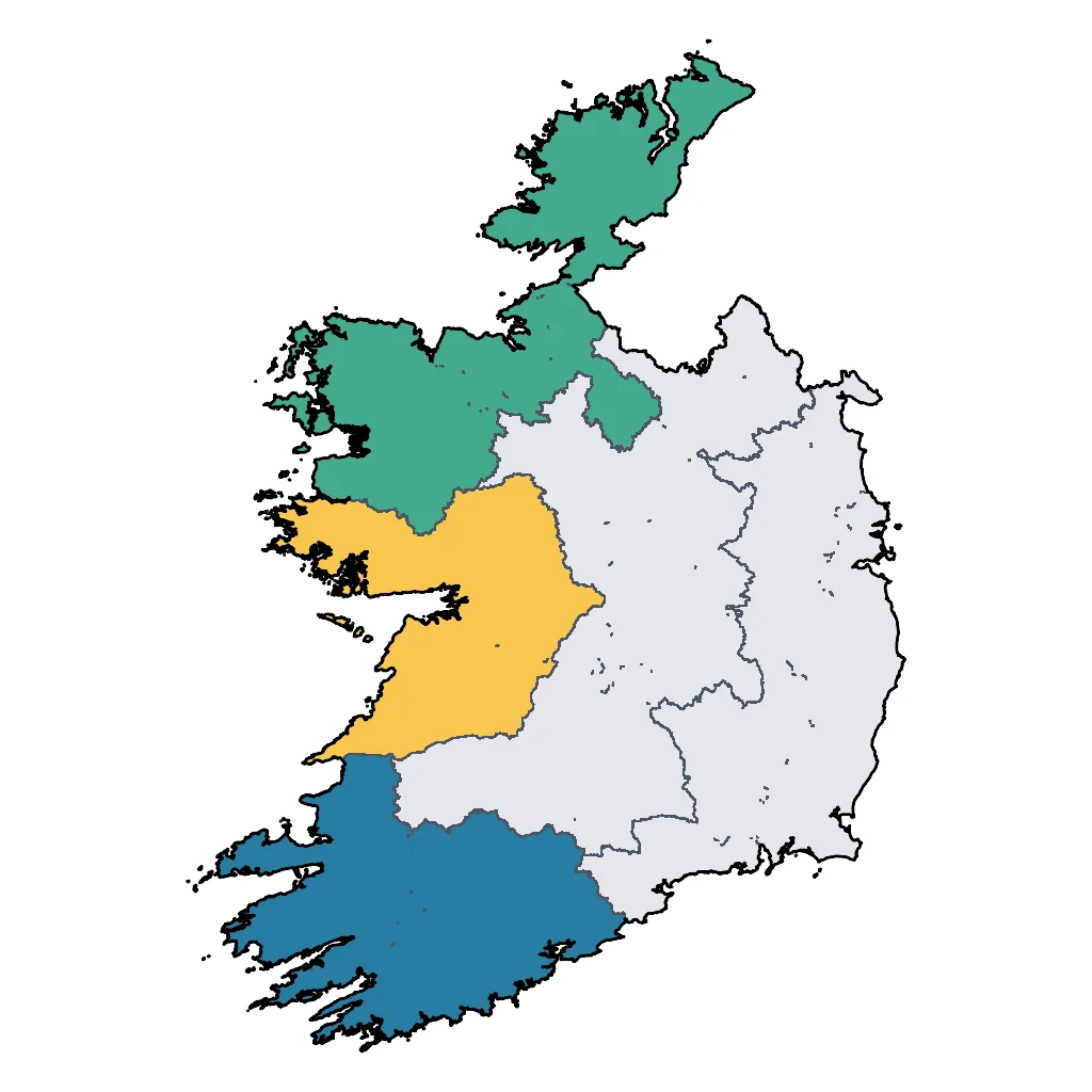 Map showing regions suitable for Adventure & Nature in Ireland. Overall suitability: excellent.