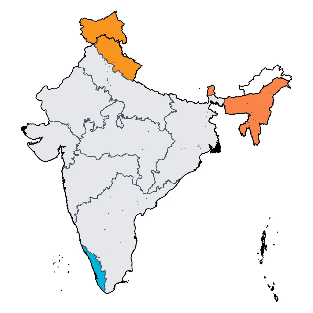 Map showing regions suitable for Adventure & Nature in India. Overall suitability: excellent.
