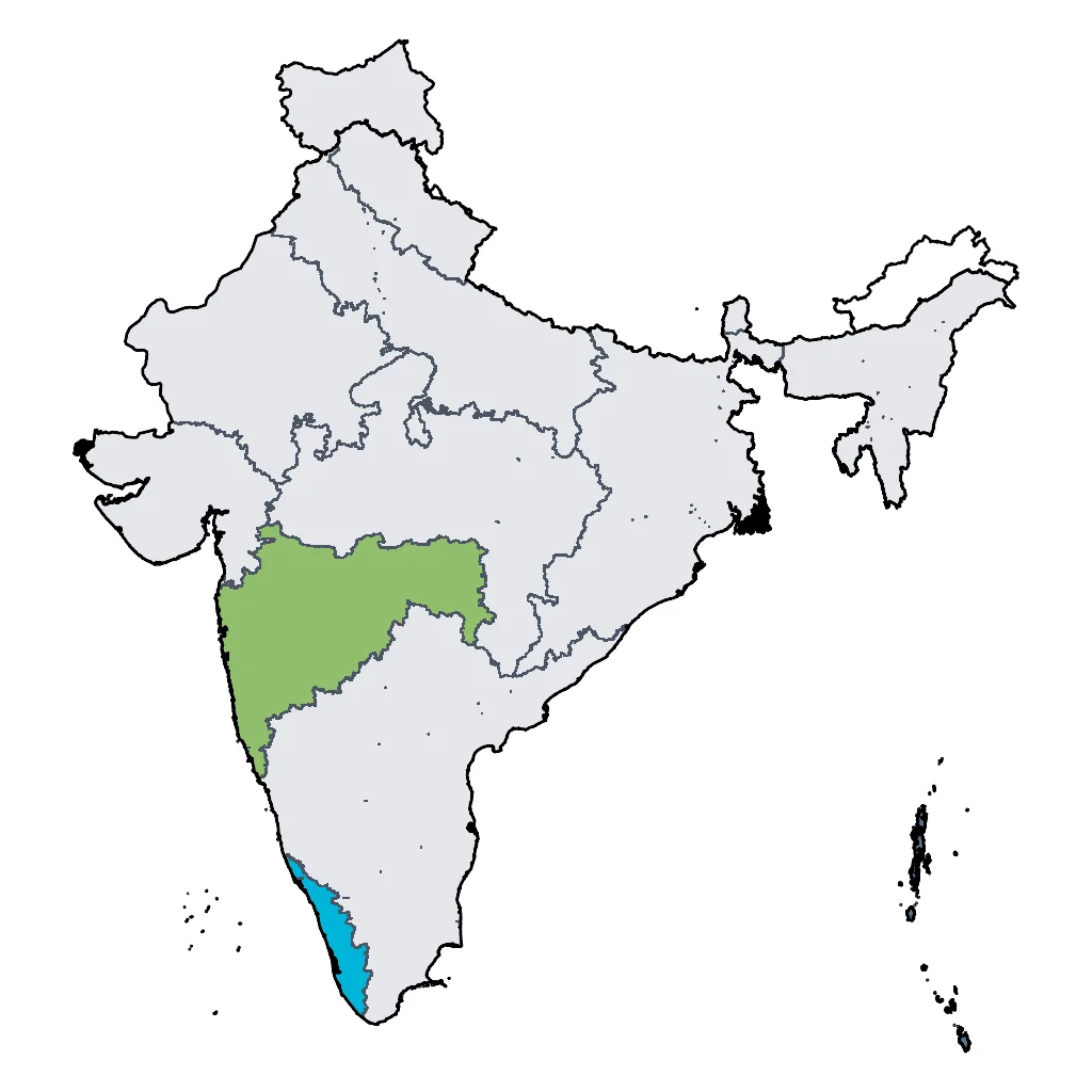 Map showing regions suitable for Beach & Sea in India. Overall suitability: excellent.