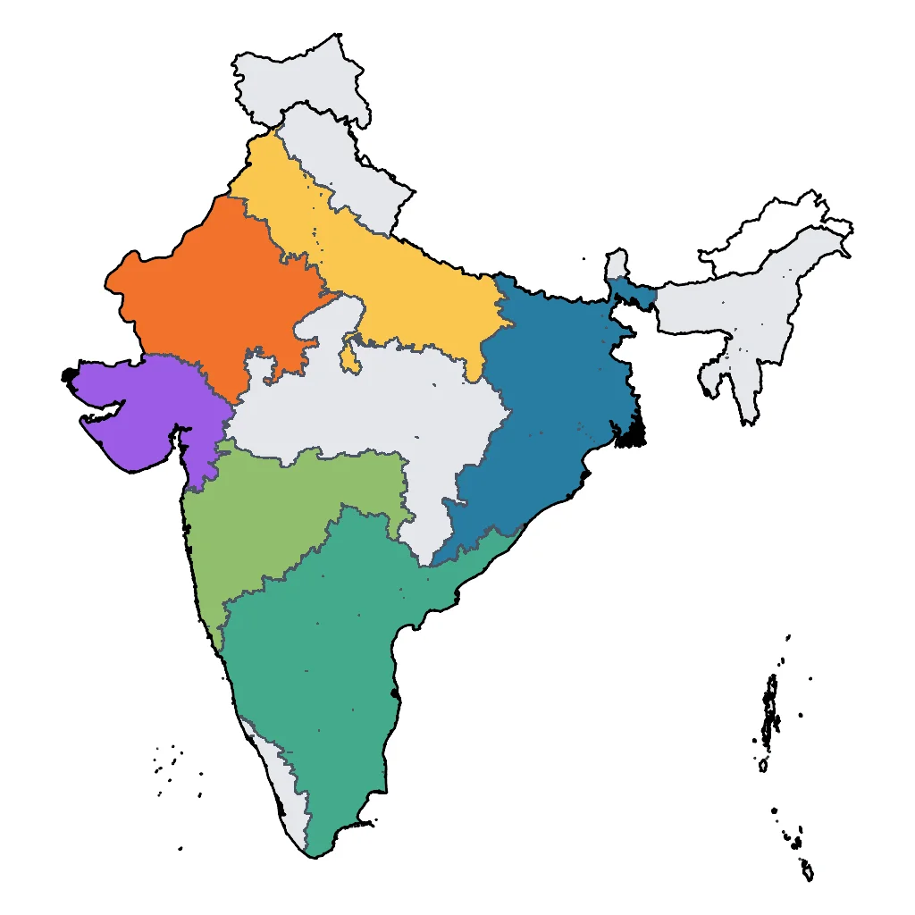 Map showing regions suitable for City & Cultural in India. Overall suitability: excellent.