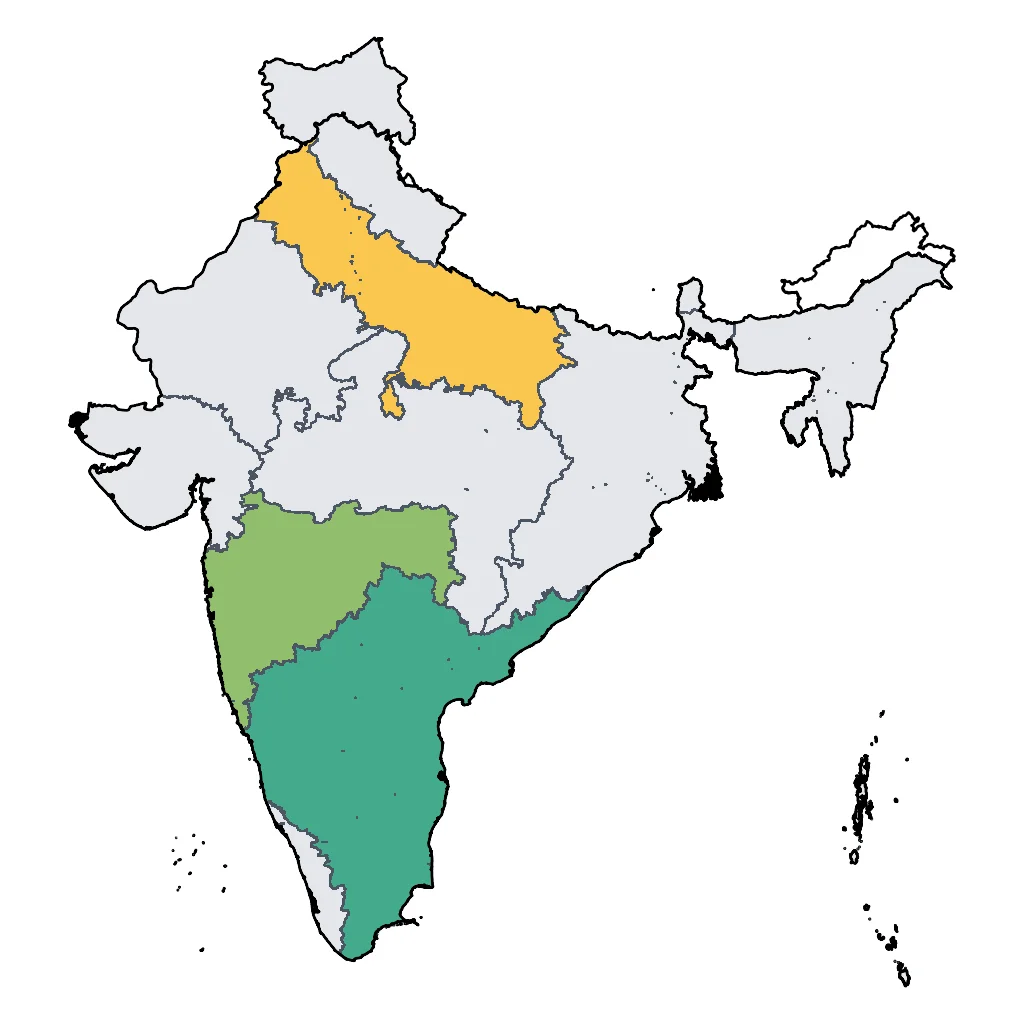 Map showing regions suitable for Educational & Exploratory in India. Overall suitability: excellent.