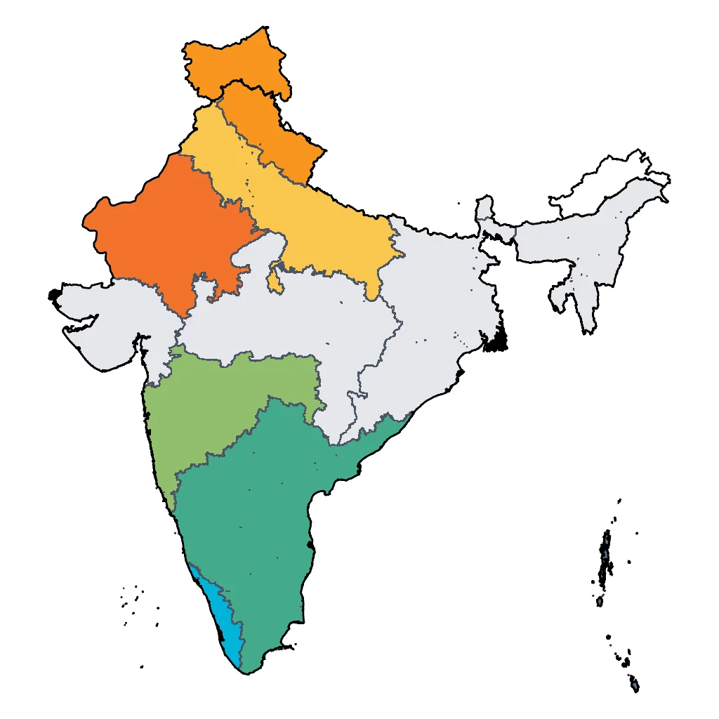 Map showing regions suitable for Relaxation & Wellness in India. Overall suitability: excellent.