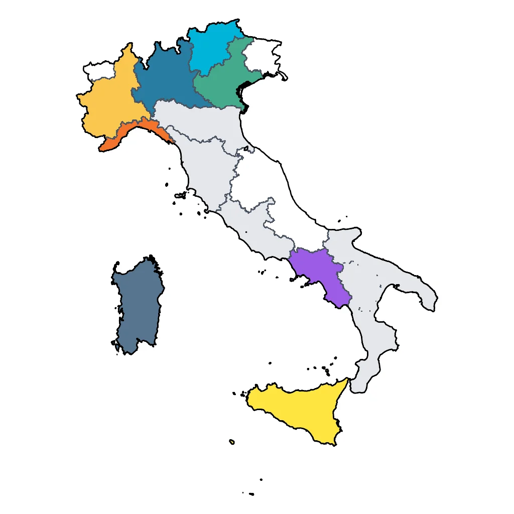 Map showing regions suitable for Adventure & Nature in Italy. Overall suitability: excellent.