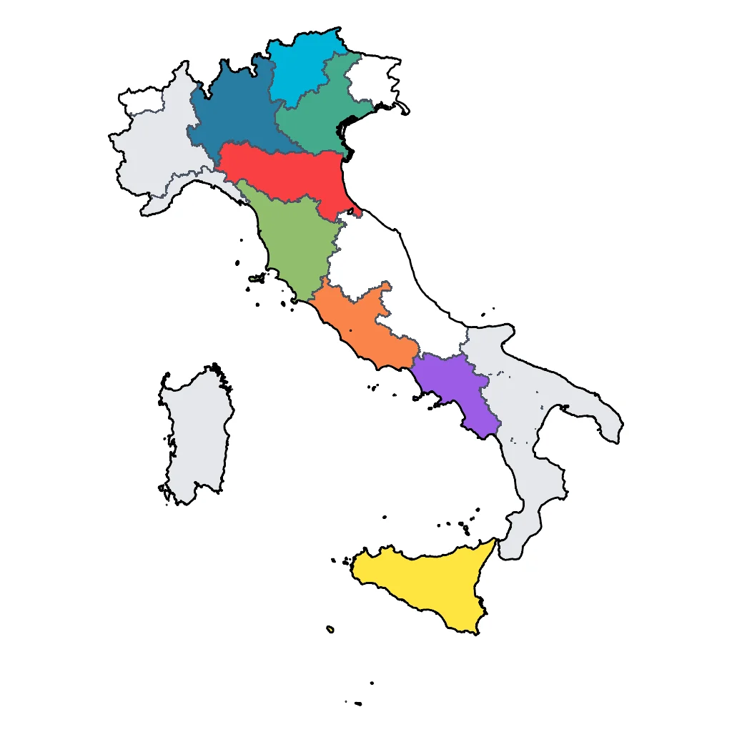Map showing regions suitable for Festivals & Seasonal in Italy. Overall suitability: excellent.