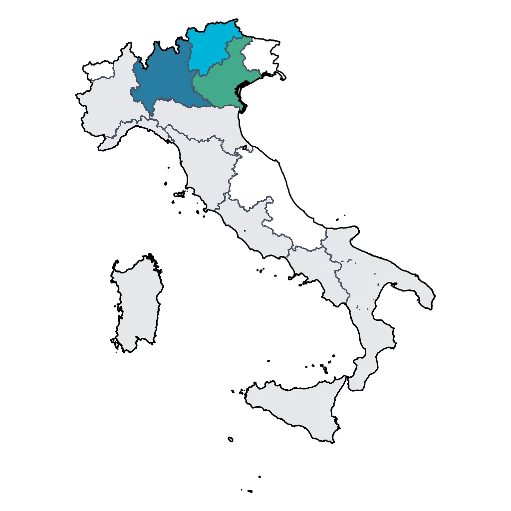 Map showing regions suitable for Ski & Snow in Italy. Overall suitability: excellent.
