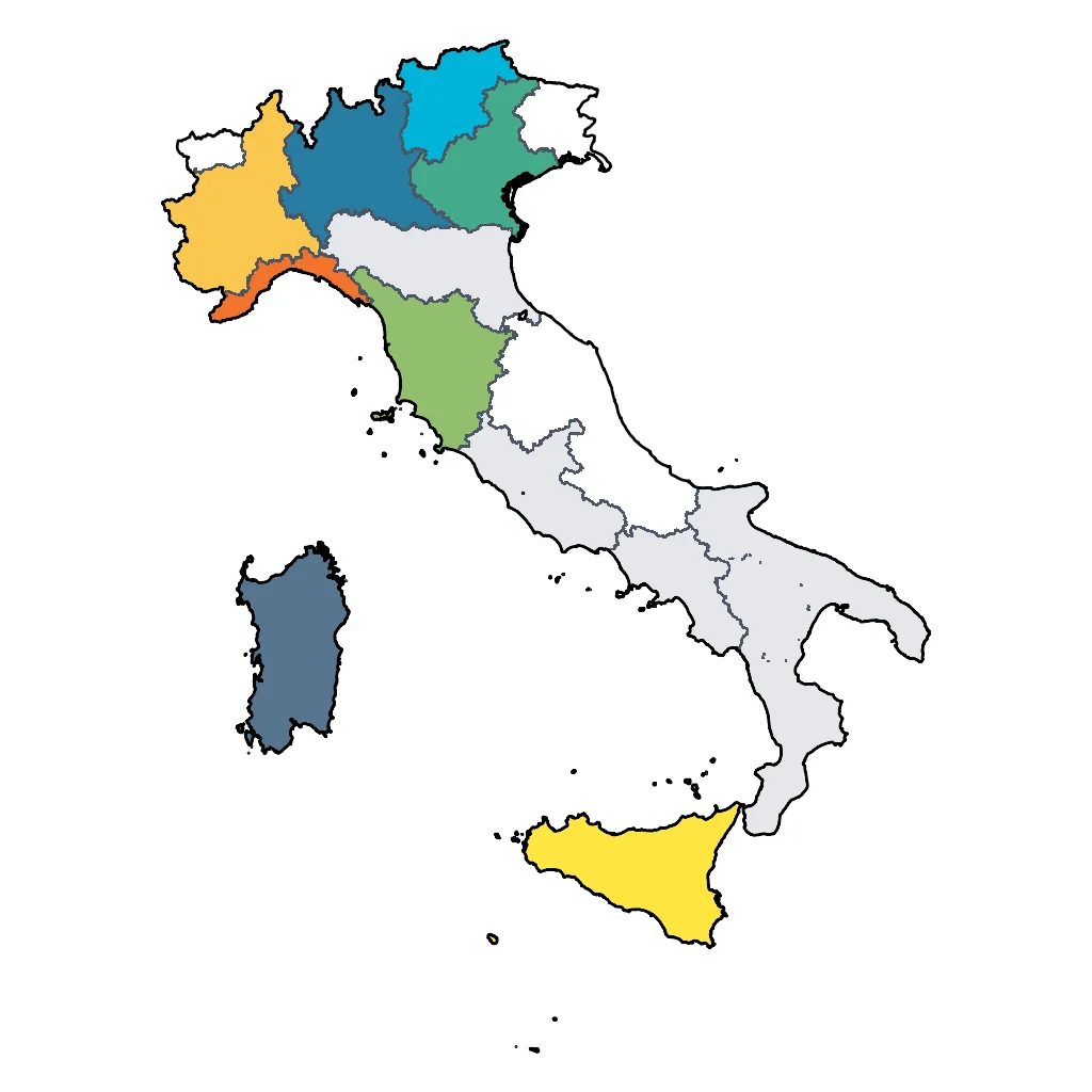 Map showing regions suitable for Sports & Active in Italy. Overall suitability: excellent.