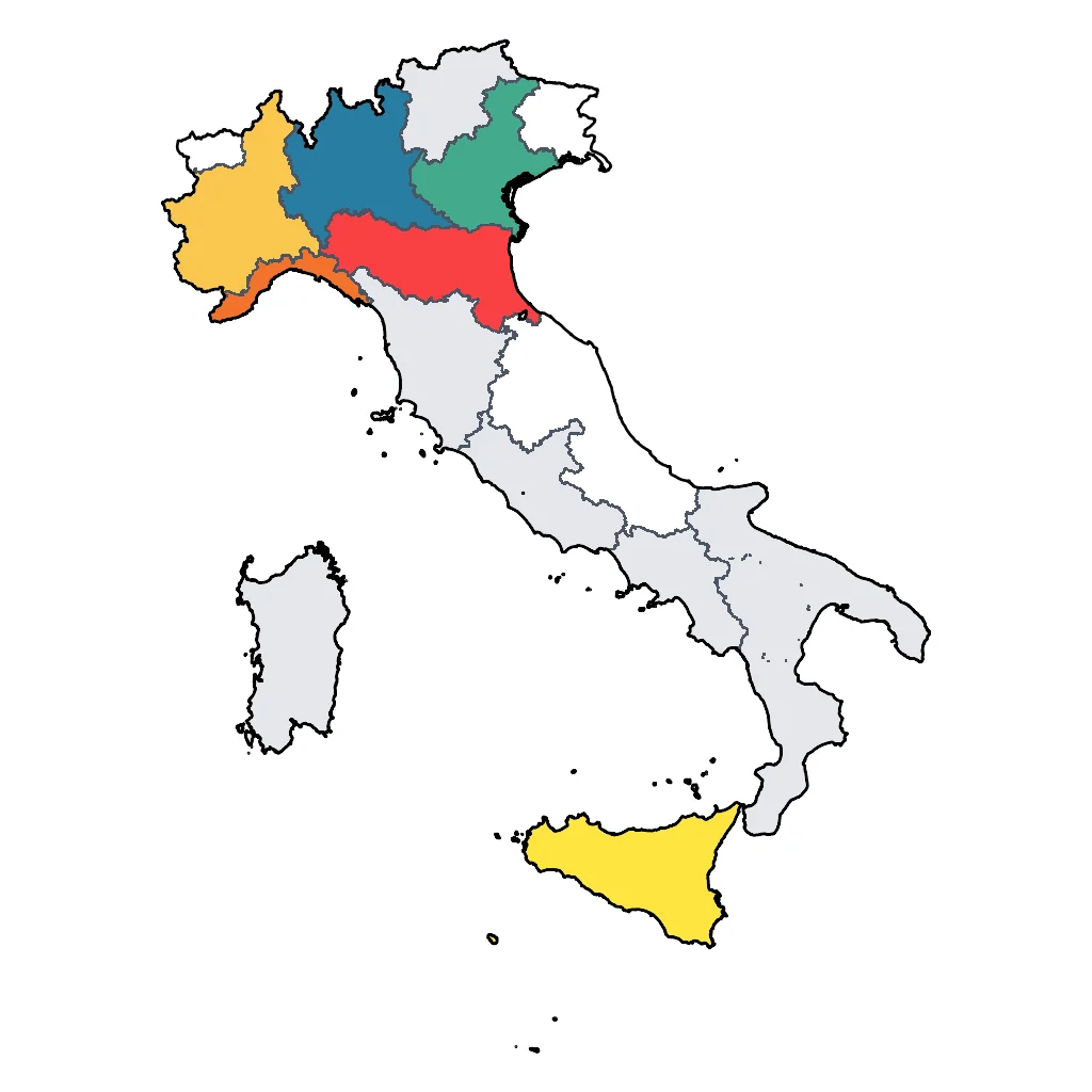 Map showing regions suitable for Theme Park & Entertainment in Italy. Overall suitability: very_good.