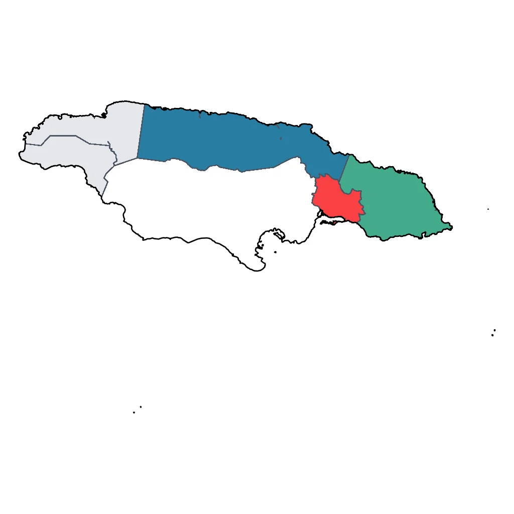 Map showing regions suitable for Adventure & Nature in Jamaica. Overall suitability: excellent.