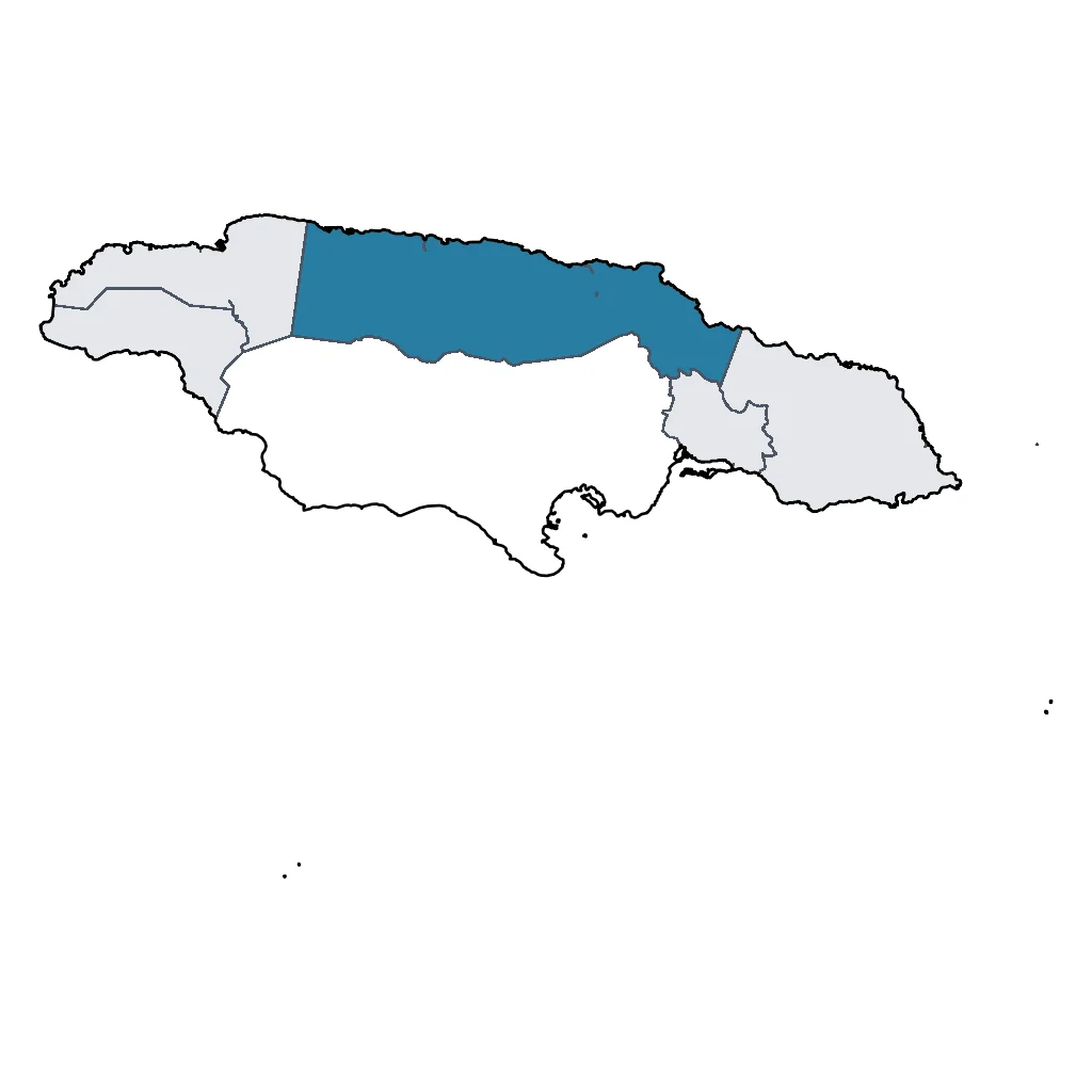 Map showing regions suitable for Theme Park & Entertainment in Jamaica. Overall suitability: good.