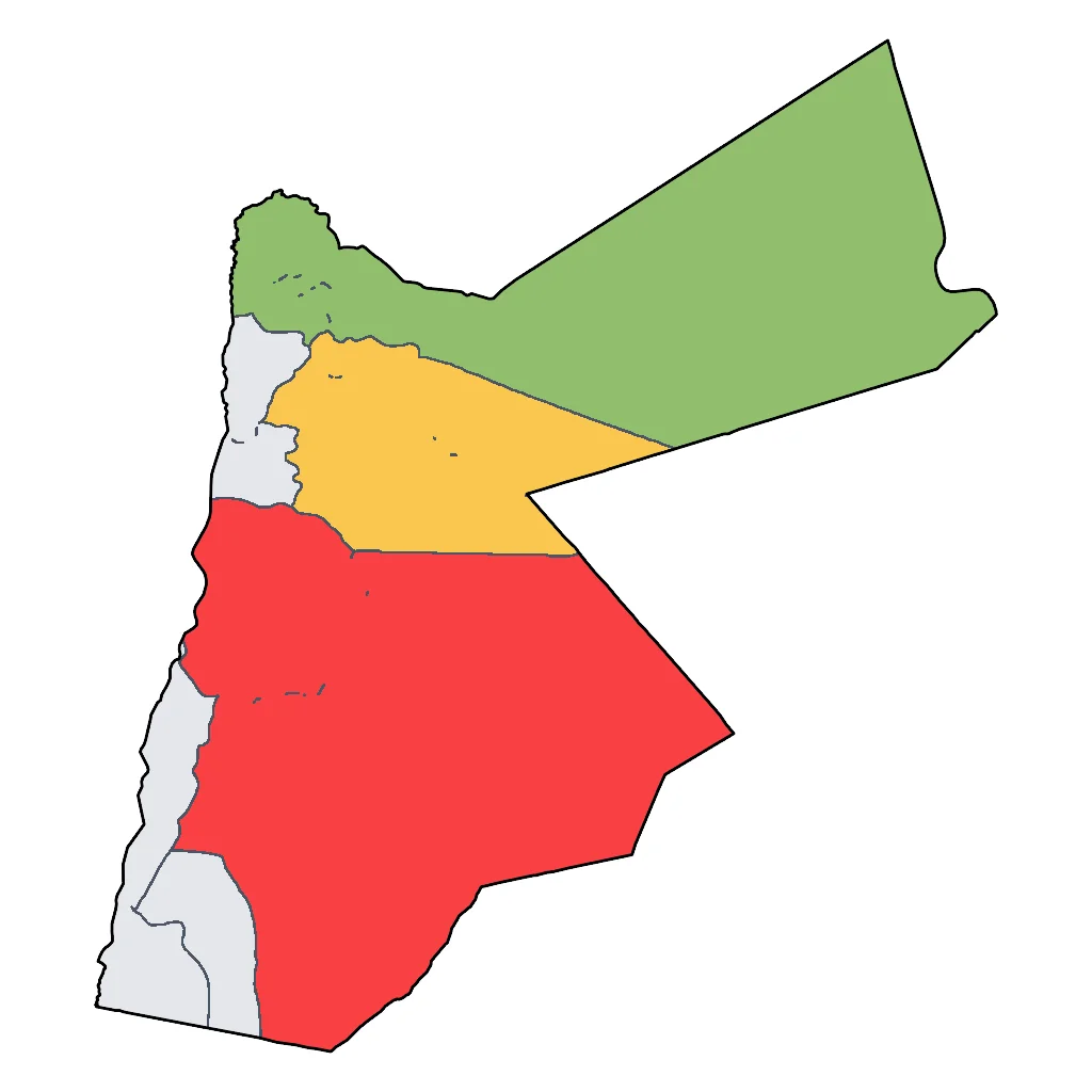 Map showing regions suitable for Festivals & Seasonal in Jordan. Overall suitability: good.