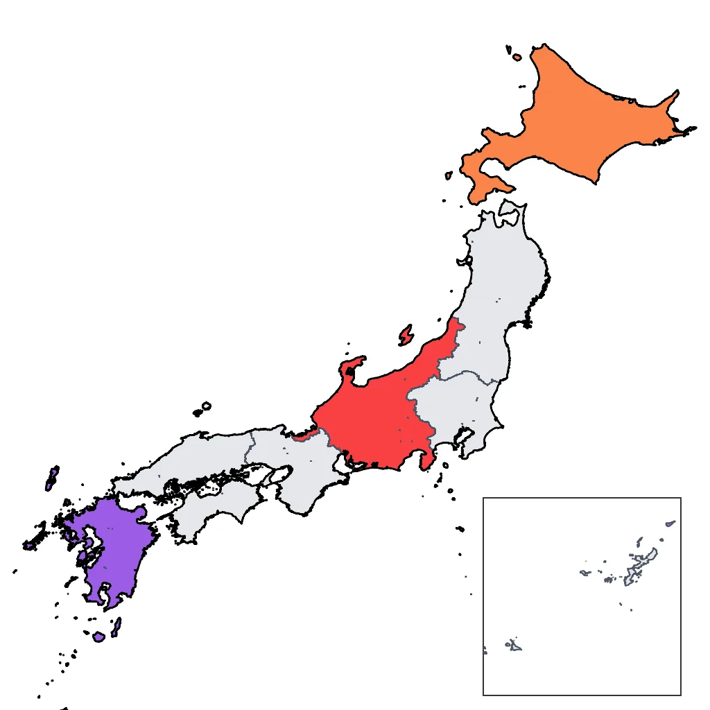 Map showing regions suitable for Adventure & Nature in Japan. Overall suitability: excellent.