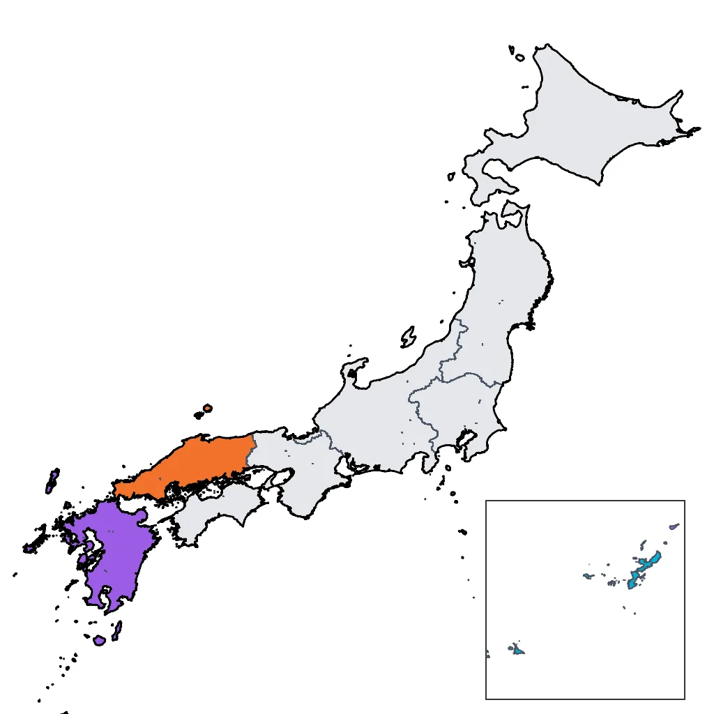 Map showing regions suitable for Beach & Sea in Japan. Overall suitability: excellent.
