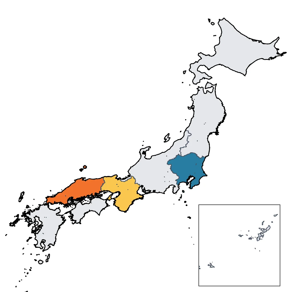 Map showing regions suitable for City & Cultural in Japan. Overall suitability: excellent.