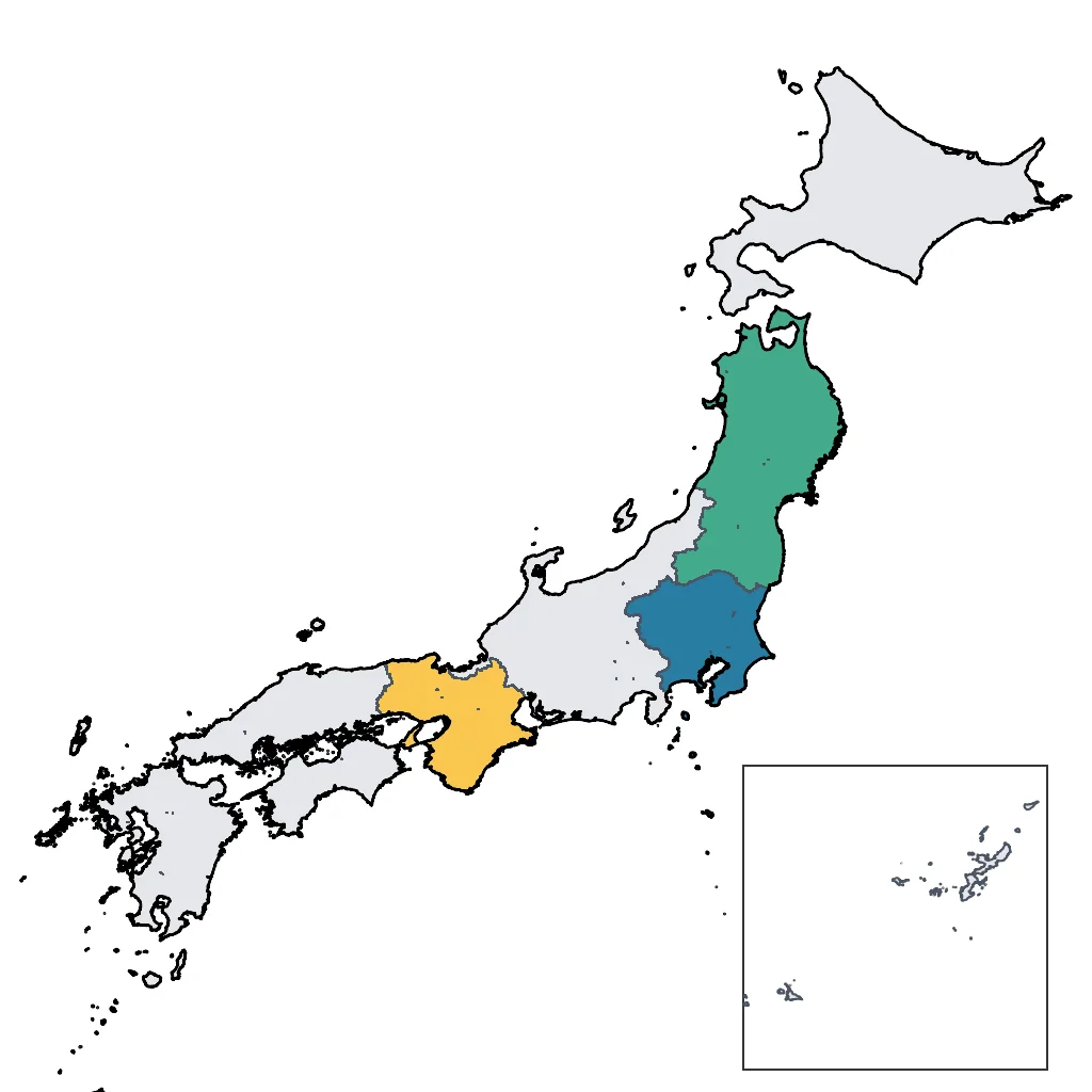 Map showing regions suitable for Festivals & Seasonal in Japan. Overall suitability: excellent.