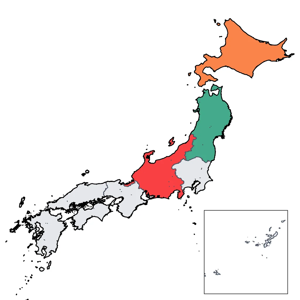 Map showing regions suitable for Ski & Snow in Japan. Overall suitability: excellent.