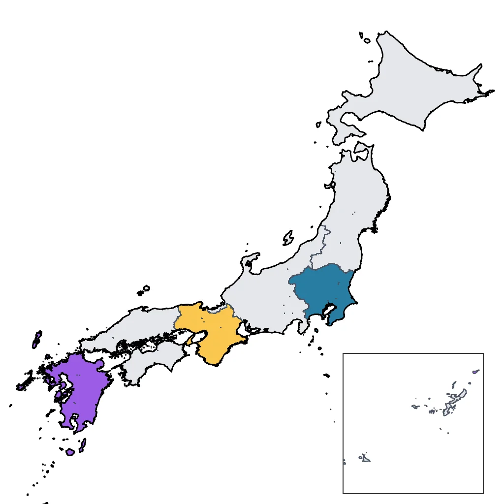Map showing regions suitable for Theme Park & Entertainment in Japan. Overall suitability: excellent.