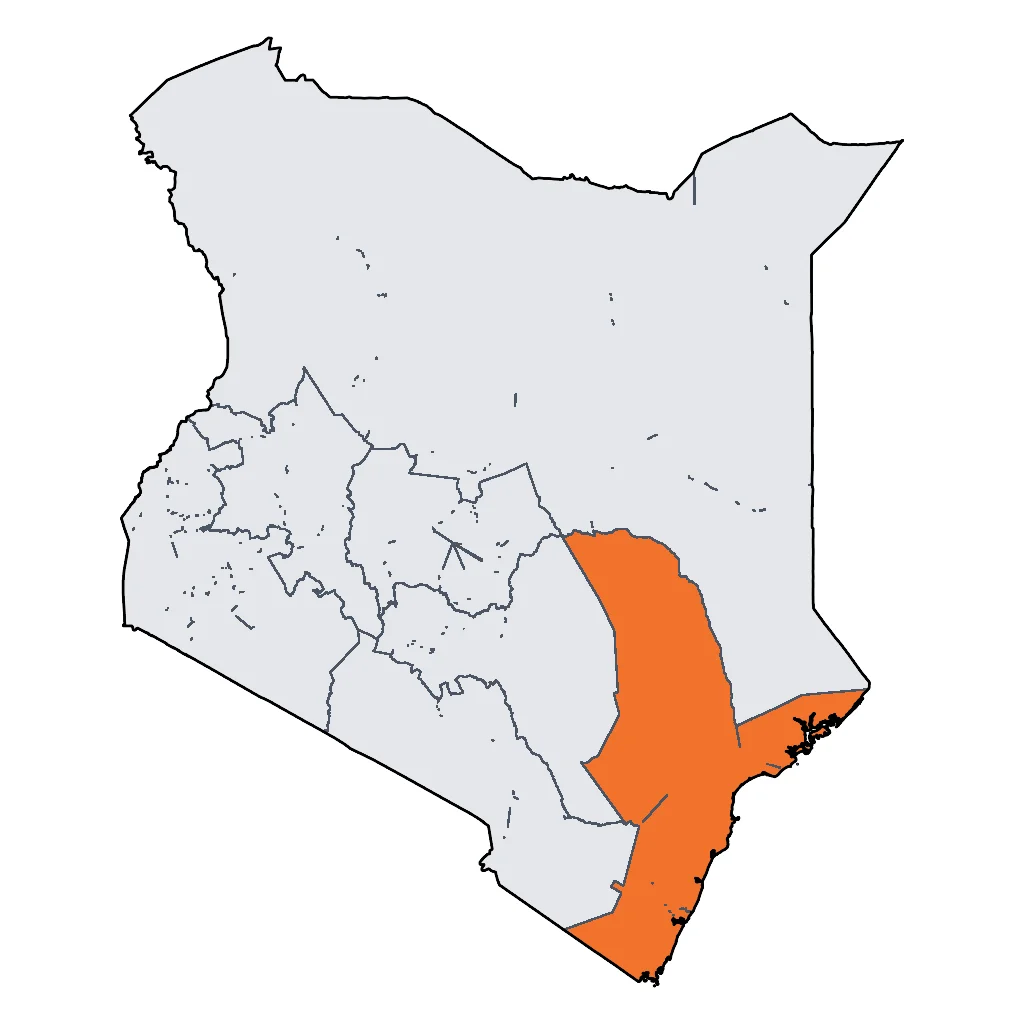 Map showing regions suitable for Beach & Sea in Kenya. Overall suitability: excellent.