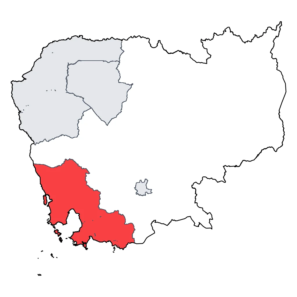 Map showing regions suitable for Beach & Sea in Cambodia. Overall suitability: very_good.