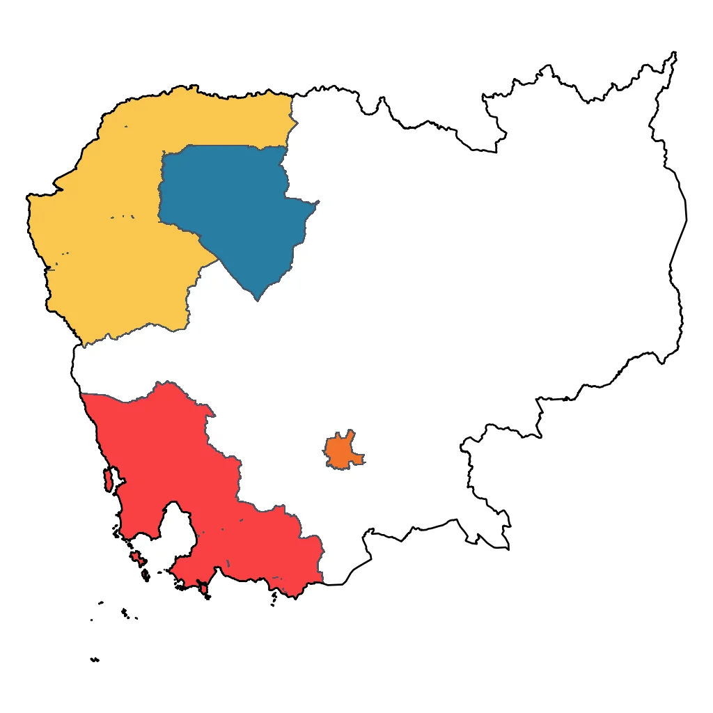 Map showing regions suitable for City & Cultural in Cambodia. Overall suitability: excellent.