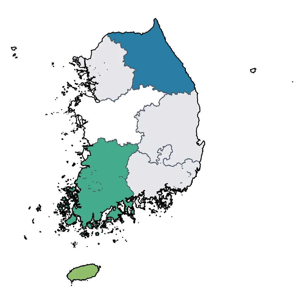 Map showing regions suitable for Adventure & Nature in South Korea. Overall suitability: excellent.