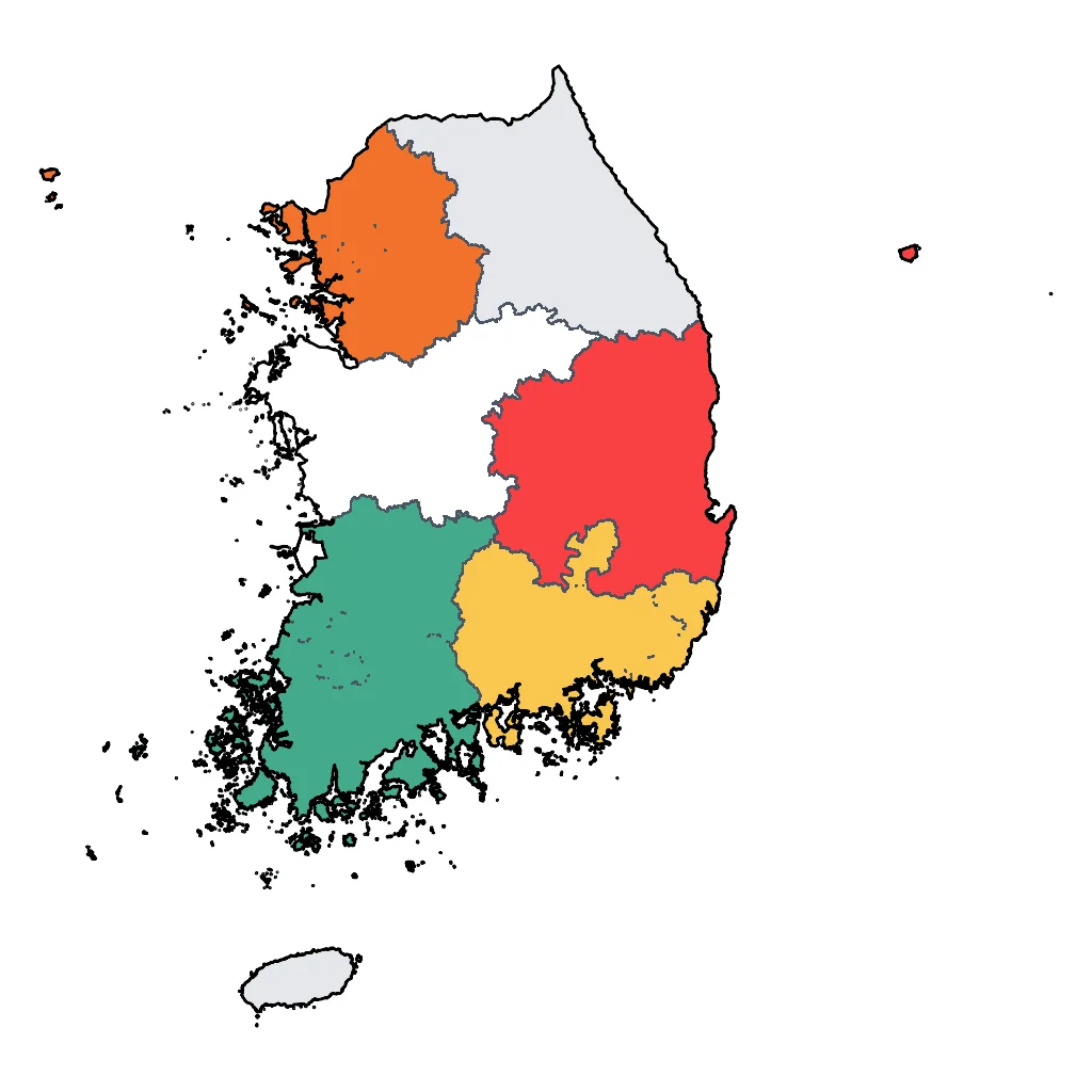Map showing regions suitable for City & Cultural in South Korea. Overall suitability: excellent.