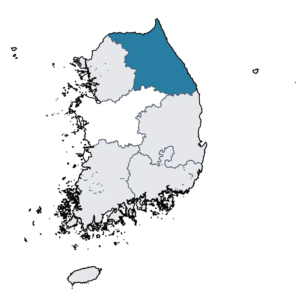 Map showing regions suitable for Ski & Snow in South Korea. Overall suitability: excellent.