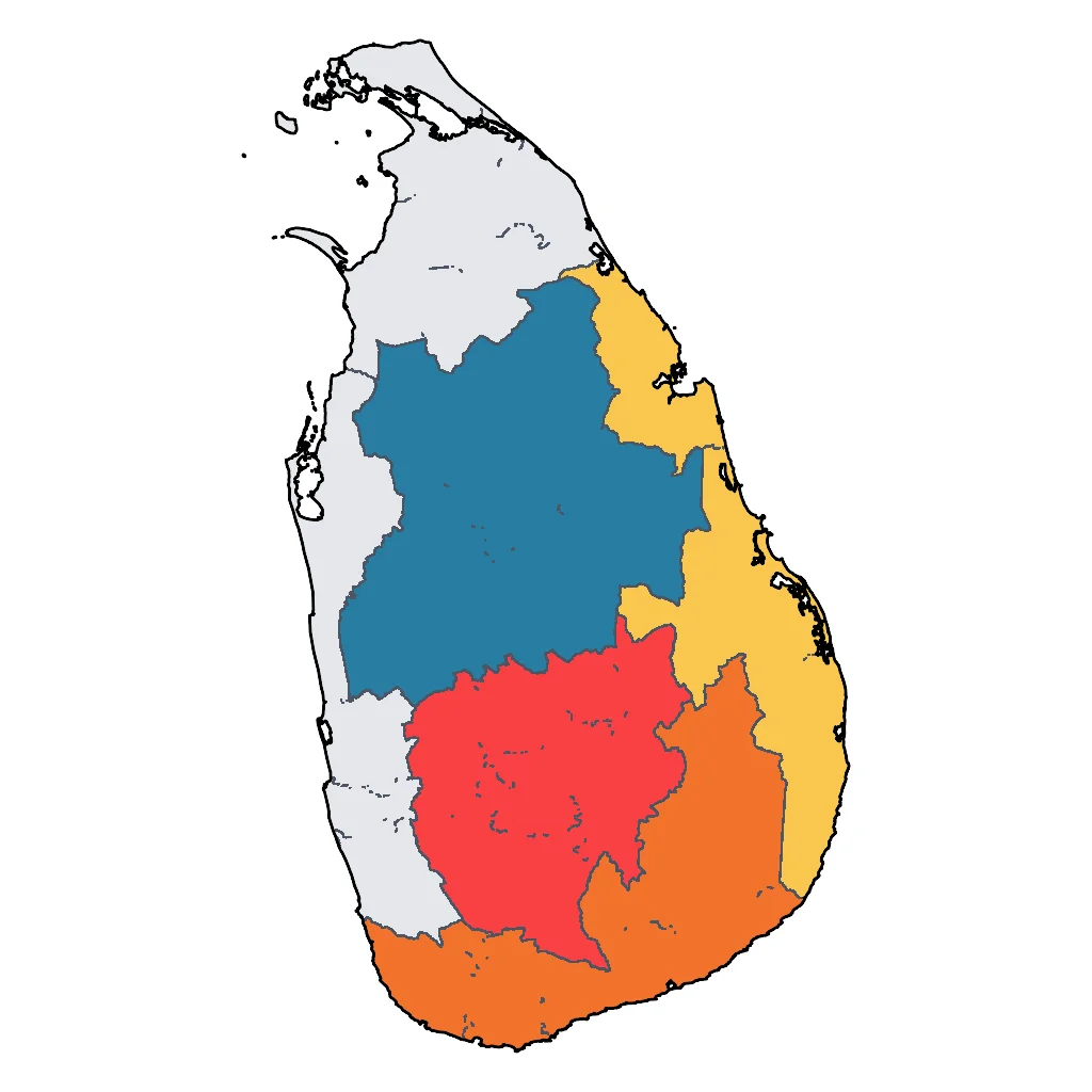 Map showing regions suitable for Adventure & Nature in Sri Lanka. Overall suitability: excellent.