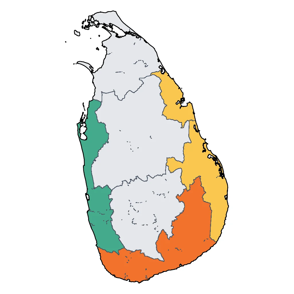 Map showing regions suitable for Beach & Sea in Sri Lanka. Overall suitability: excellent.