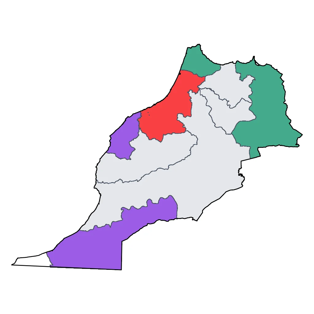 Map showing regions suitable for Beach & Sea in Morocco. Overall suitability: very_good.