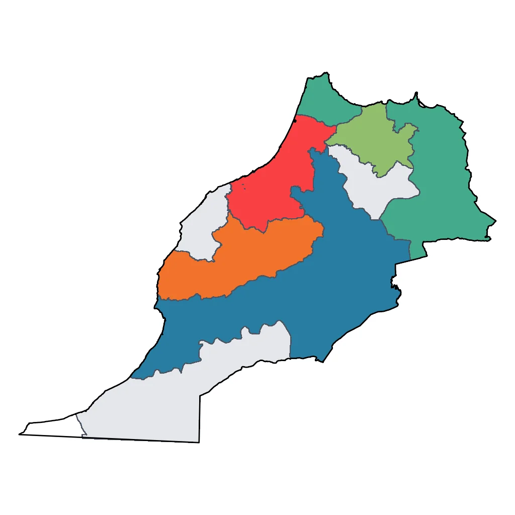 Map showing regions suitable for Road Trips & Scenic in Morocco. Overall suitability: excellent.