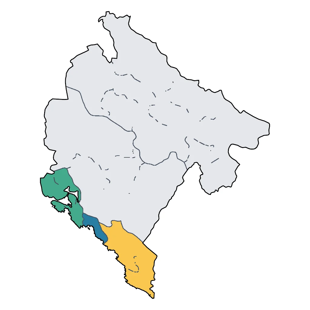 Map showing regions suitable for Beach & Sea in Montenegro. Overall suitability: very_good.