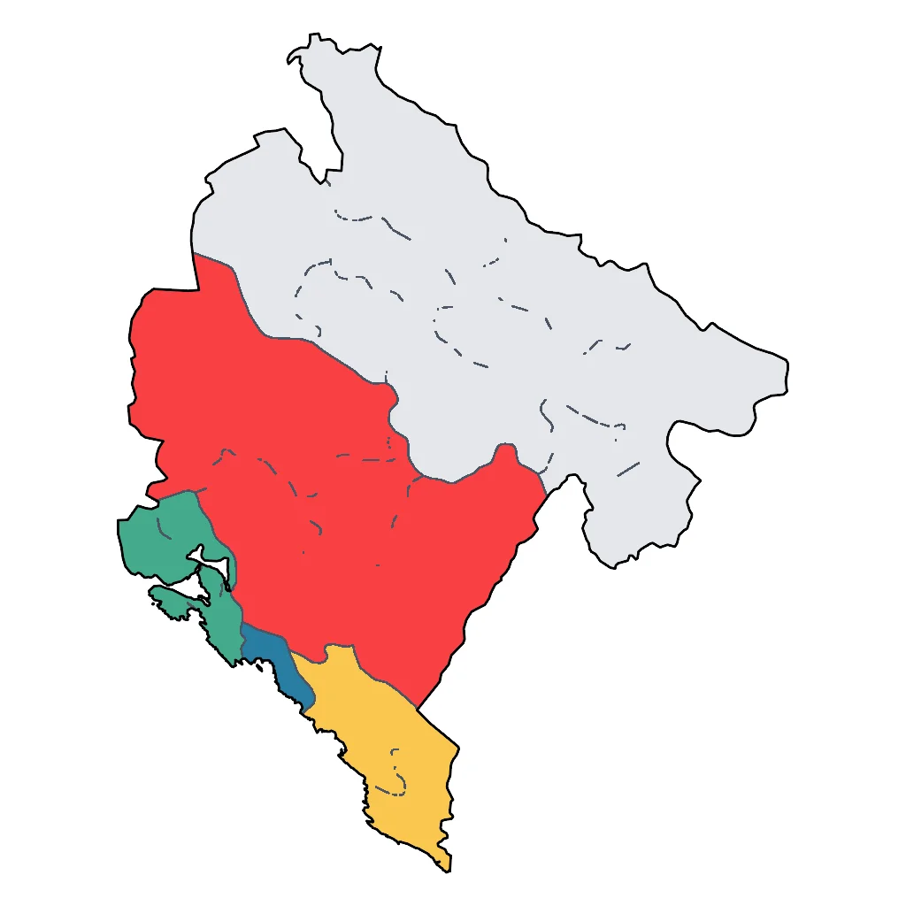 Map showing regions suitable for City & Cultural in Montenegro. Overall suitability: excellent.